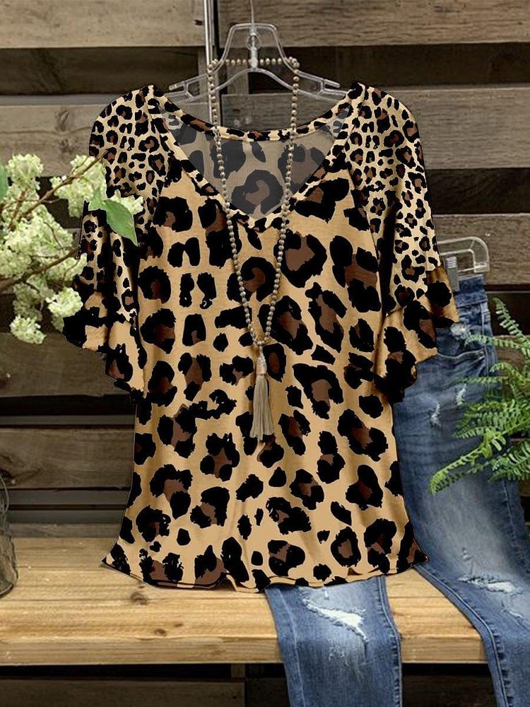 Women's Summer Fashion V-Neck Loose Leopard Print Short Sleeve T-Shirt