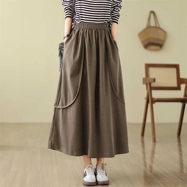 Wearshes Solid Color A-Hem Casual Skirt