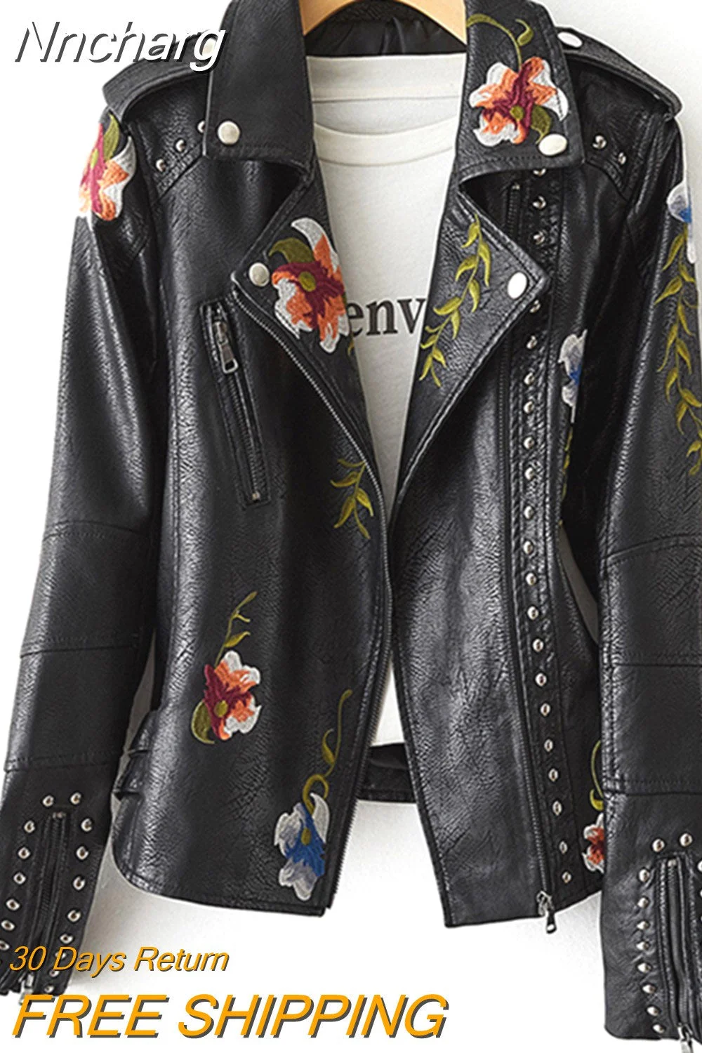 Nncharge New Women Retro Floral Print Embroidery Faux Soft Leather Jacket Coat Turndown Collar Pu Moto Biker Black Punk Outerwear