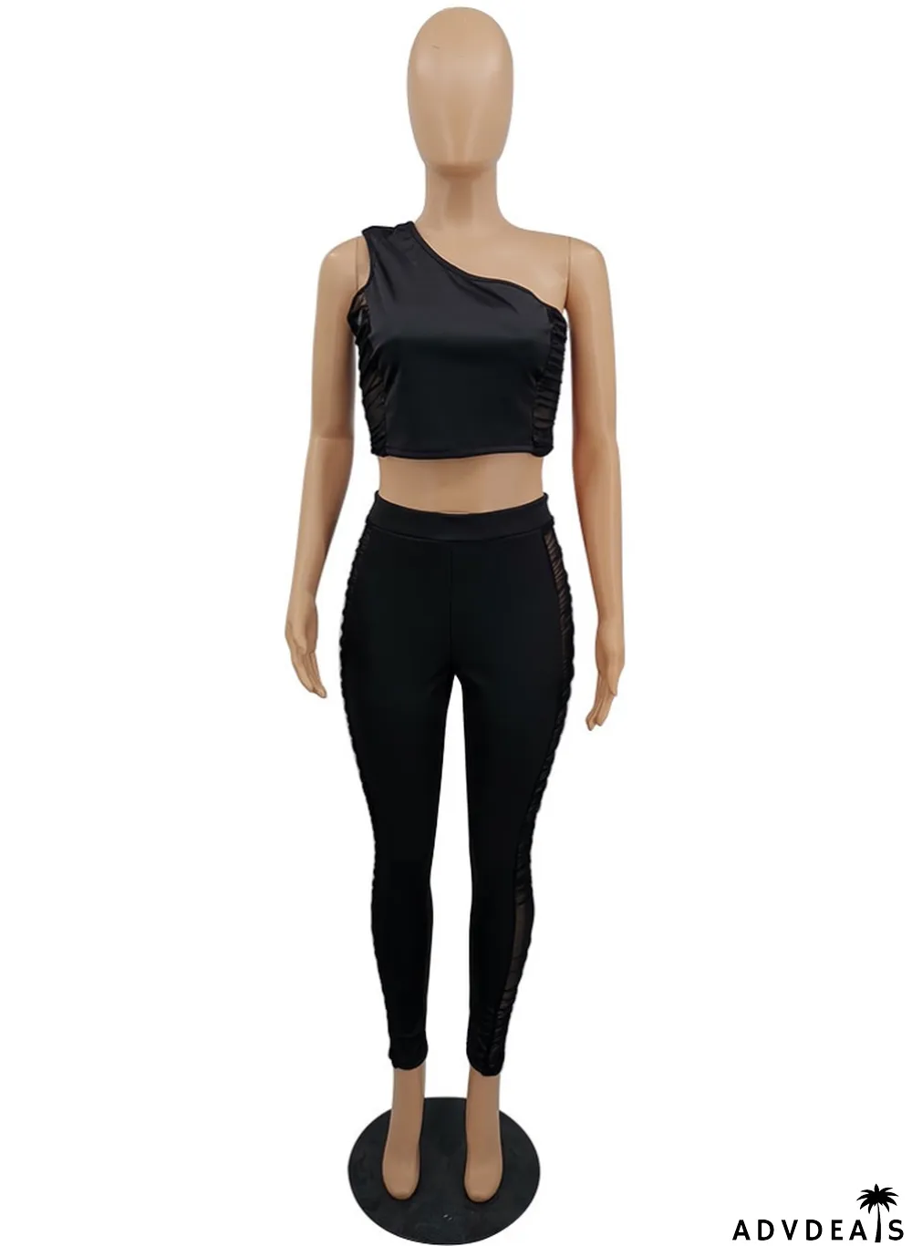 Autumn Black Mesh Patch Tight One Shoulder Crop Top and High Waist Pants 2PC Set