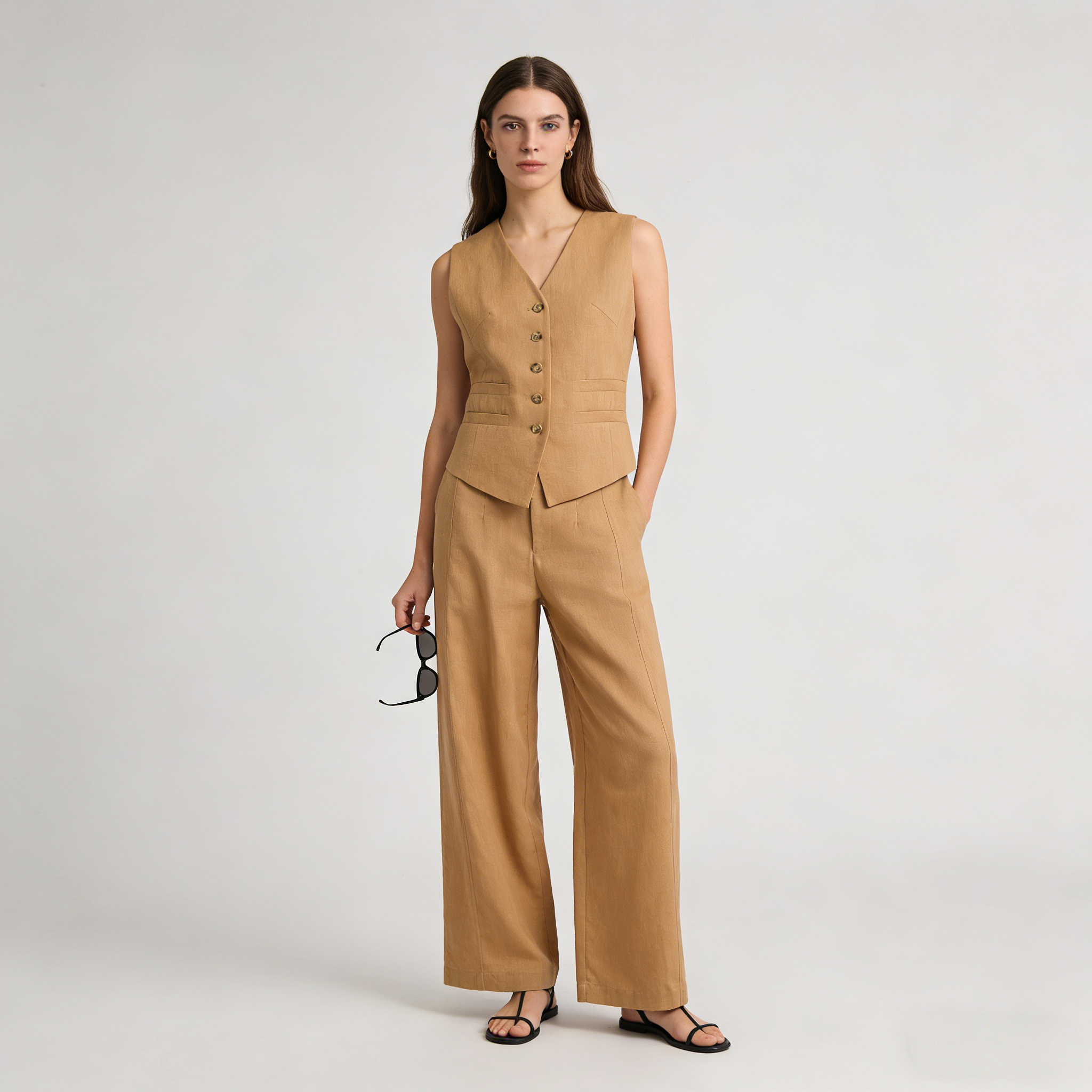 Linen Two Piece Set Women 100% Linen Vest Wide Leg Pants Set REAL SILK LIFE