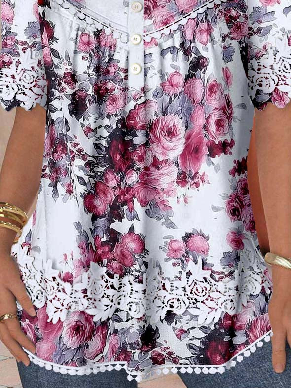 Women's Short Sleeve Scoop Neck Floral Printed Lace Stitching Top