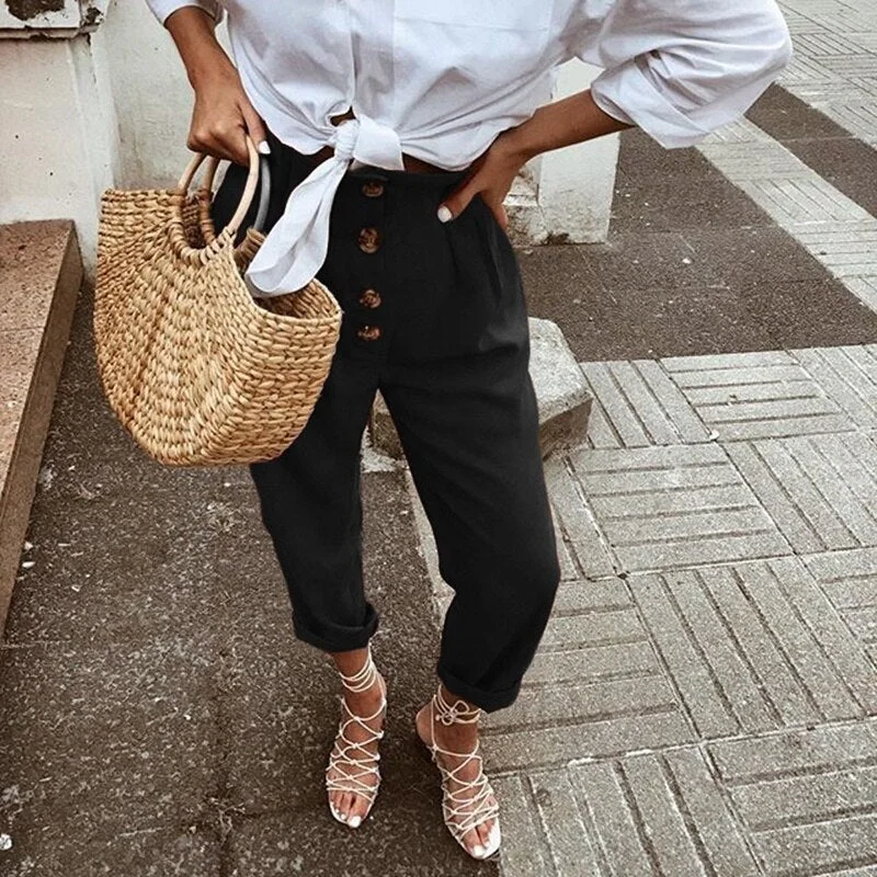 Bigsweety Women Harem Pants Cotton Linen Vintage High Waist Elastic Trousers Casual Ladies Sweatpants Fashion Button Pants New