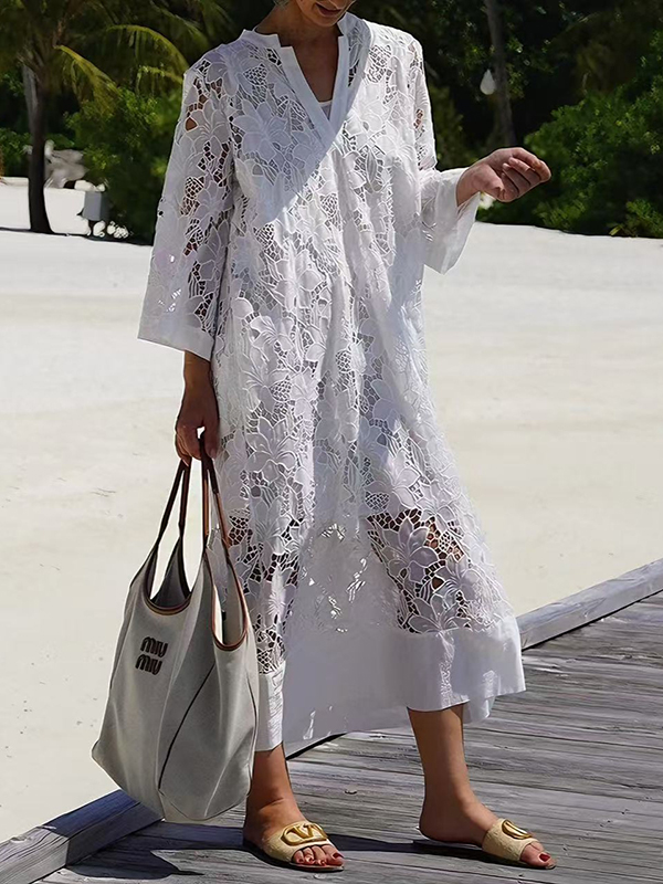 Lace Pattern Three Quarter Sleeve V Neck Loose Maxi Dress