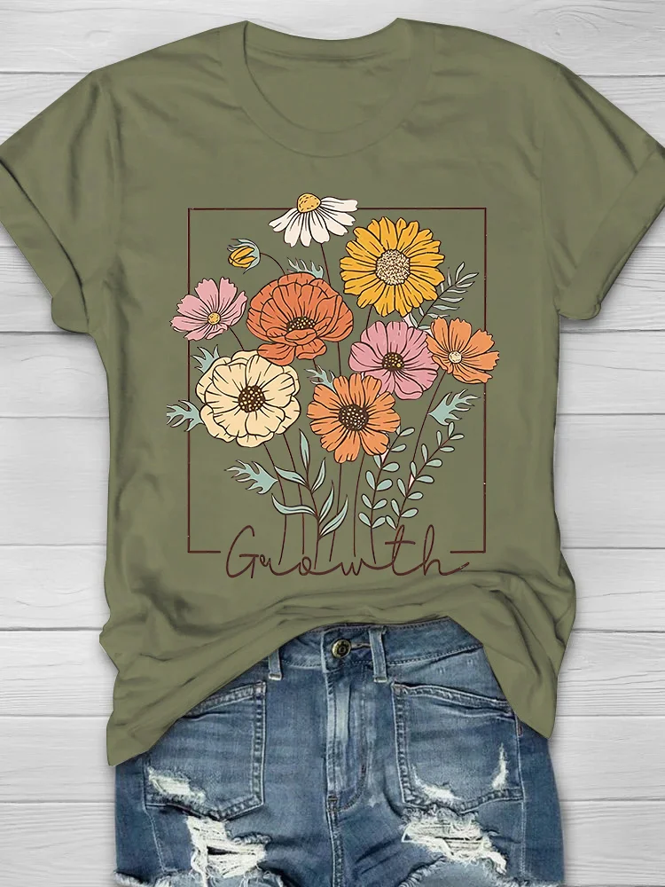 Vintage Wildflower Printed Crew Neck Women's T-shirt