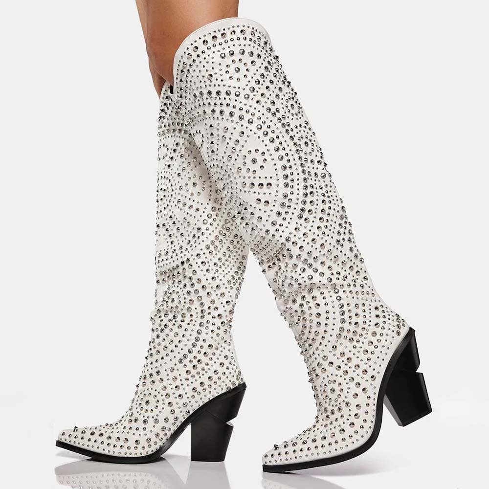 West Chunky Cowboy Boot Rivet Pointed Chunky Heel in White Nicepairs