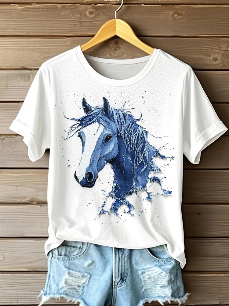 Utbros Women's Denim Horse Portrait Print Short Sleeve Casual T-shirt