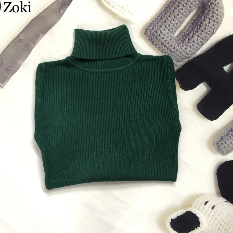 Zoki Soft Women Turtleneck Sweater Autumn Long Sleeve Elastic Female Knitted Jumper Casual Pullover Slim Winter Basic Tops 2021
