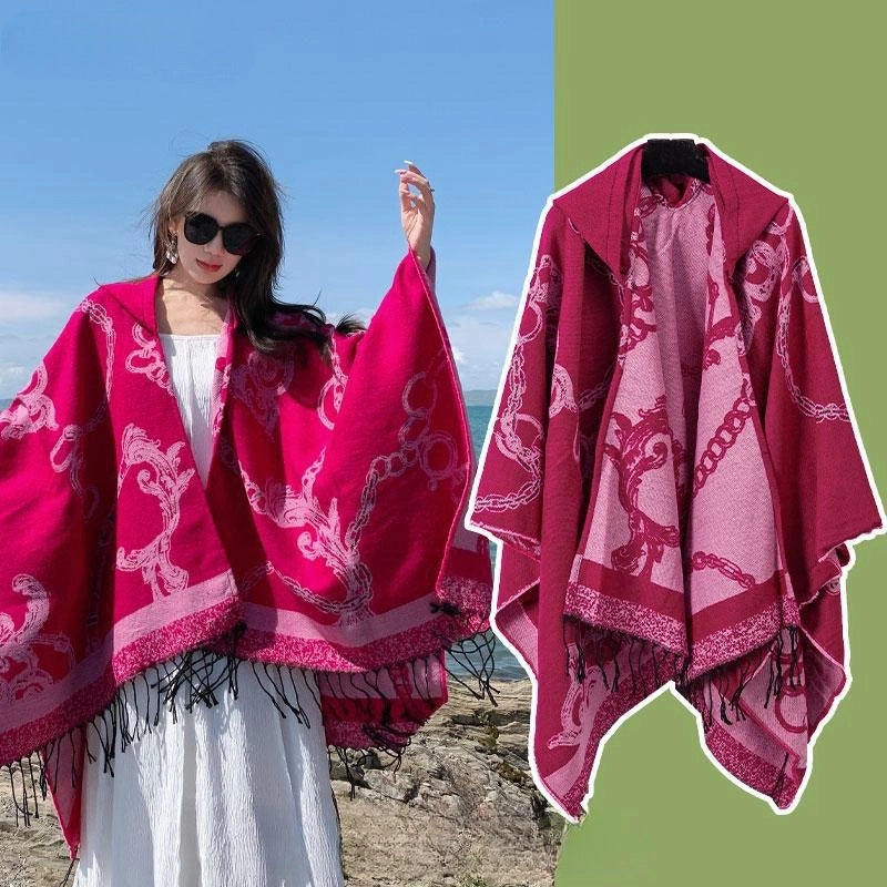 Ethnic Style Hooded Cape Women’s Yunnan Tibet Western Sichuan Grassland Bohemia Travel Wear Scarf Coat