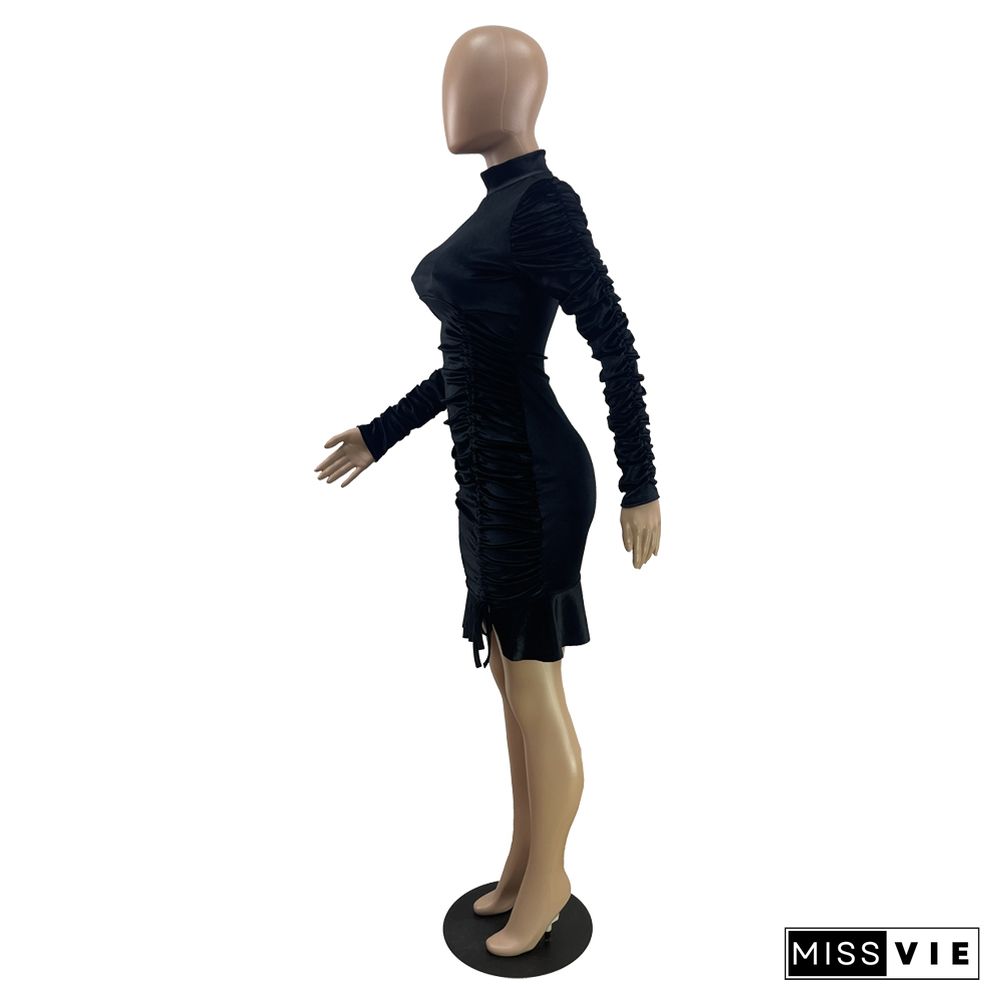 Long Sleeve Drawstring Ruched Winter Dress