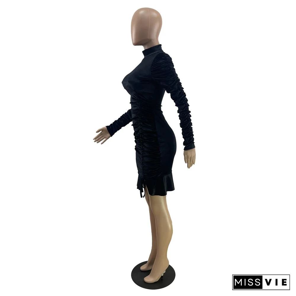 Long Sleeve Drawstring Ruched Winter Dress