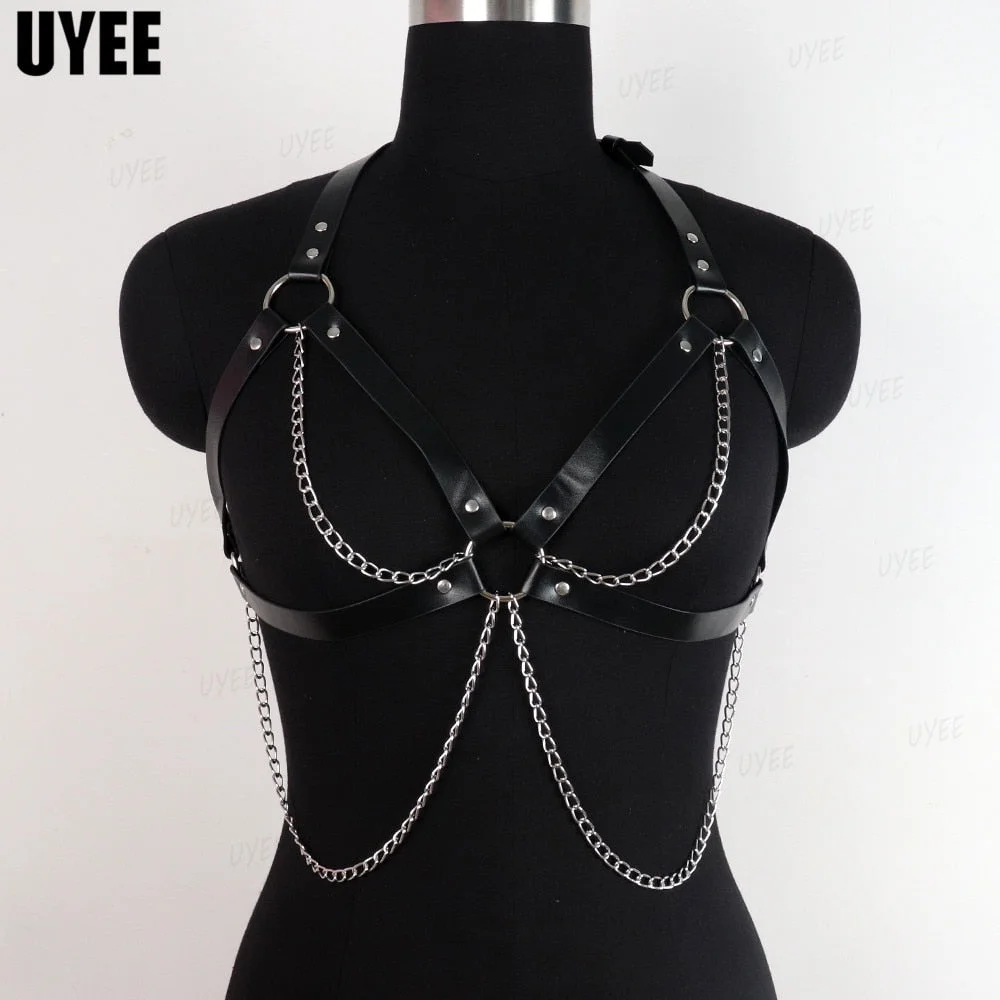 Uyee Sexy Leather Chest Belt Goth Women Lingerie Bra Harness Bondage