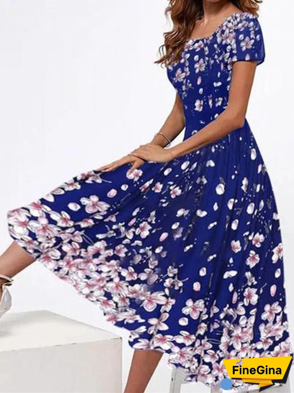Women's Short Sleeve Square Collar Graphic Floral Printed Maxi Dress