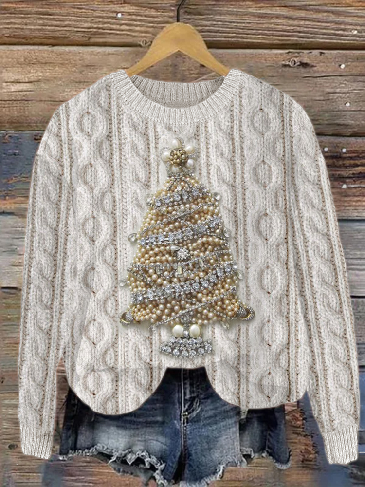 Classy Christmas Tree Pearls Jewelry Art Cable Knit Sweater wearshes