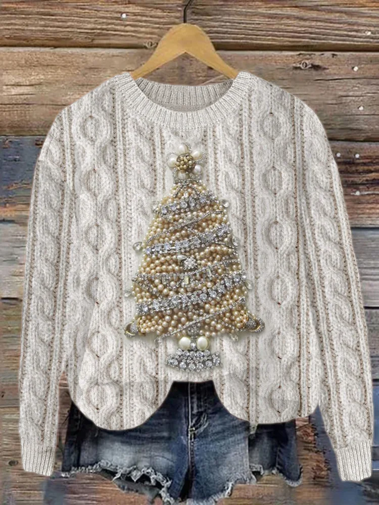 Classy Christmas Tree Pearls Jewelry Art Cable Knit Sweater