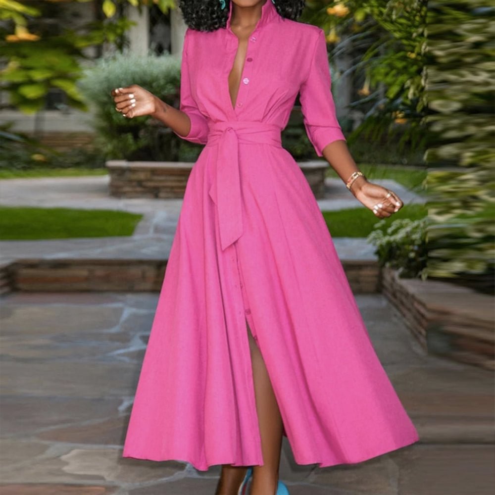 Special Rose Red Plain Collared Maxi Dress