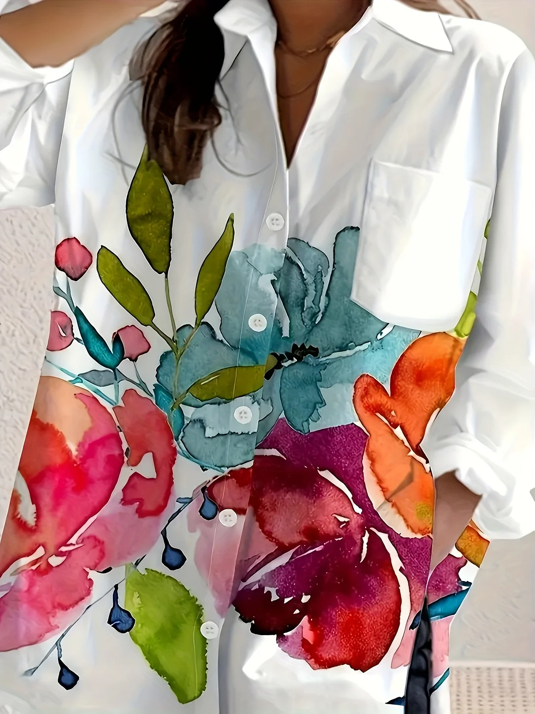 Lightweight Polyester Women's Floral Print Long Sleeve Casual Shirt With Pockets | Vibrant Watercolor Floral Design, Machine Washable & Breathable For All Seasons, Button-Up Collar Blouse | IFYHOME