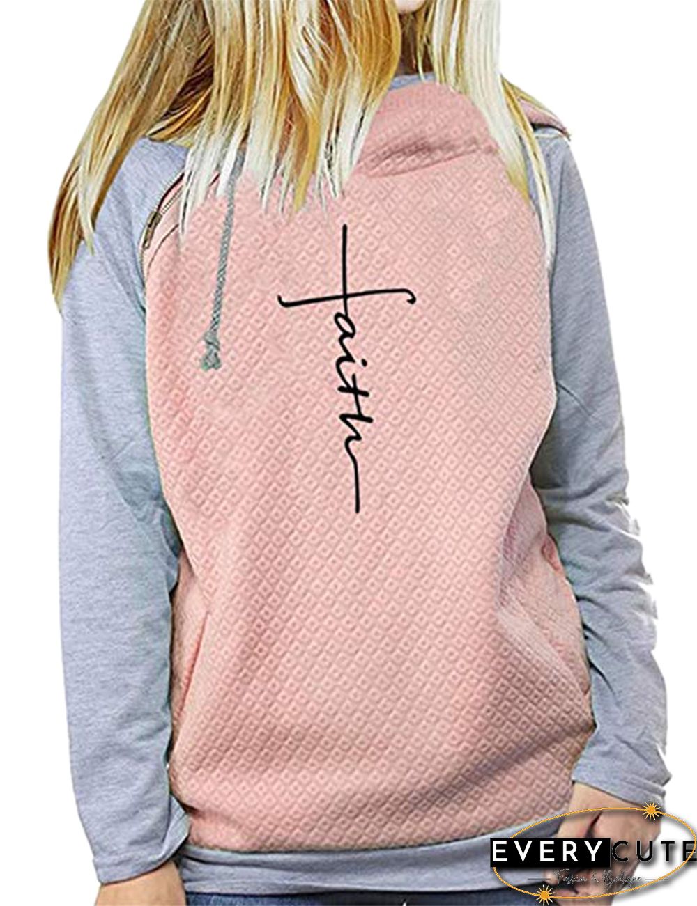 Grey Splice Pink Letter Print Drawstring Hoodie