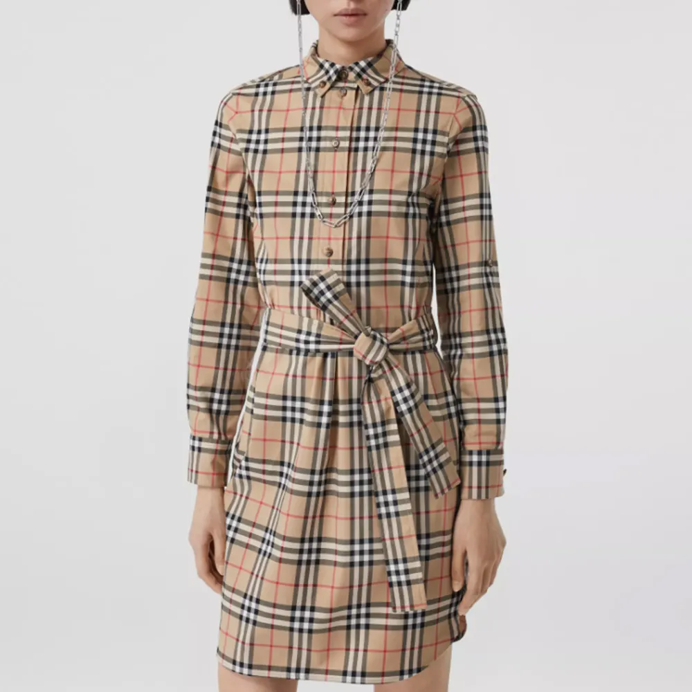 Classic Vintage Check Stretch Cotton Tie Waist Shirt Dress-vocosishoes