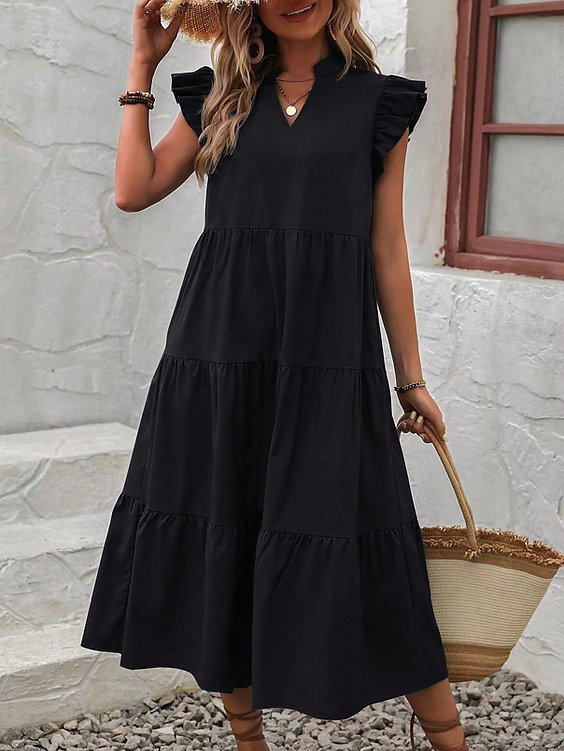 Solid V-neck Ruffle Sleeve Dress