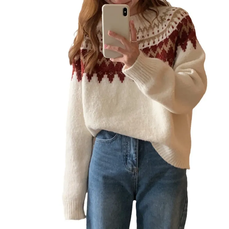 Churchf Churchf Photo 2024 Korea Retro Lazy Wind Jacquard Pop Loose Knit Round Collar Over Red Sweater