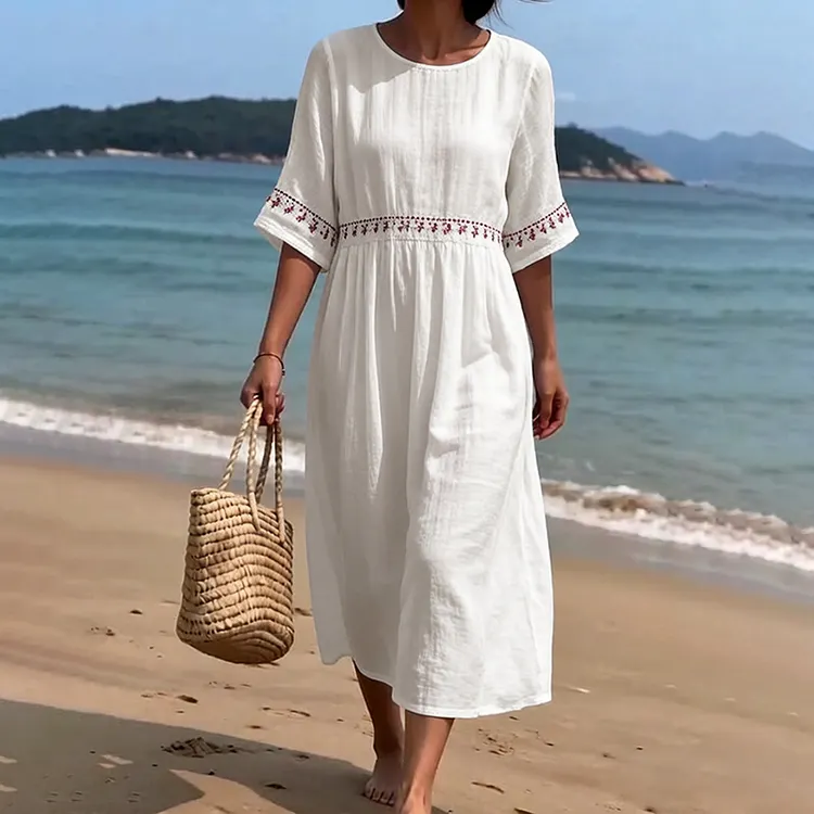 Women's Solid Color Embroidery Linen Ramie Dress