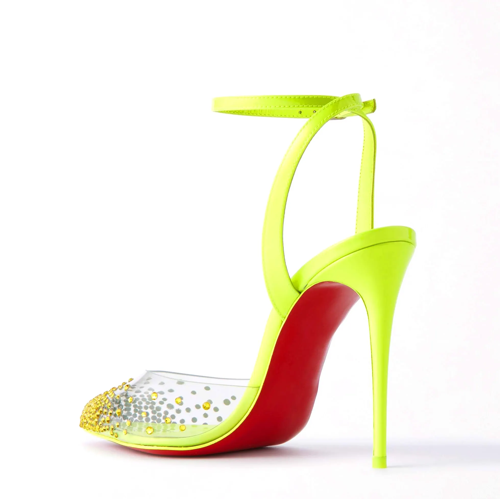 100mm Crystal Embellished PVC Metallic Pointy Toe Red Bottom Pumps Sandals-vocosishoes