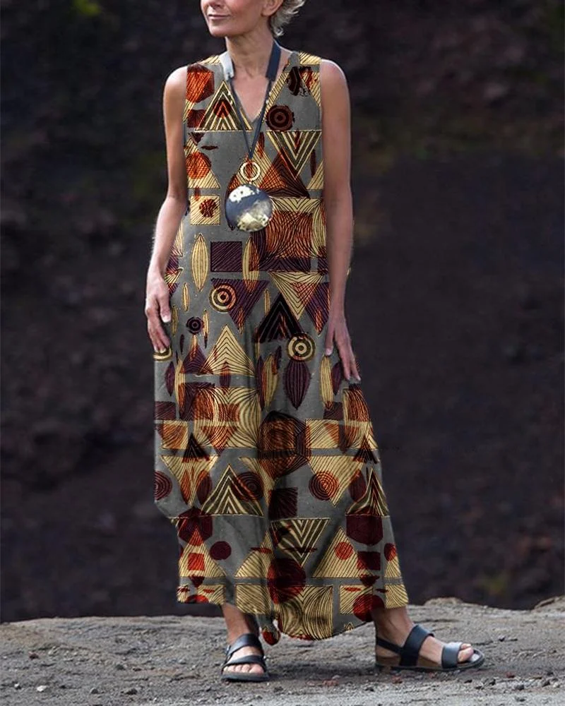 Casual V-Neck Print Sleeveless Dress