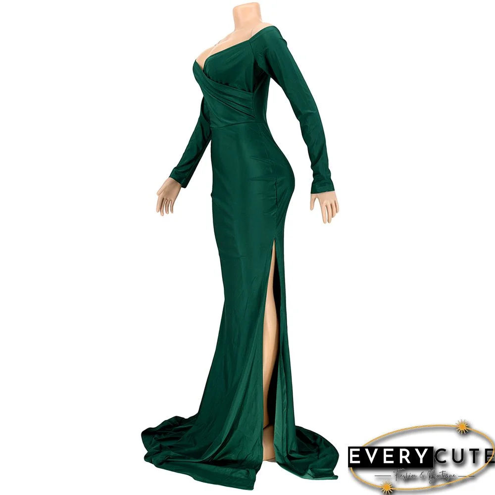 Green V Neck High Split Long Sleeve Party Dress