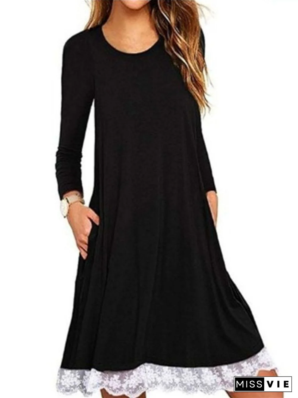 Women Scoop Neck Long Sleeve Solid Color Dress