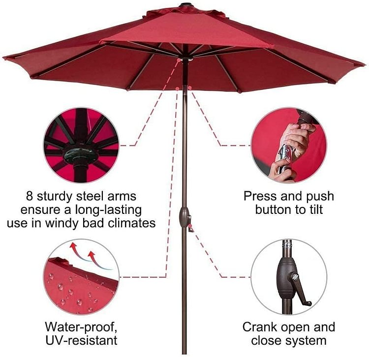 9 FT Patio Umbrella with Auto Crank and Push Button Tilt (Red)