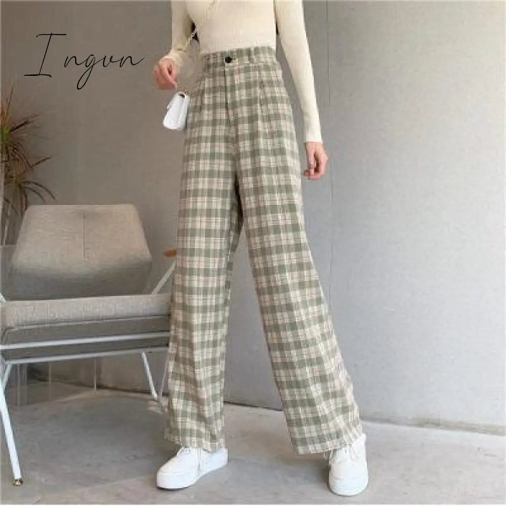 Ingvn - Simple Vintage Plaid Causal Long Women Pants Street Fashion Straight Wide Leg Pant Green / M