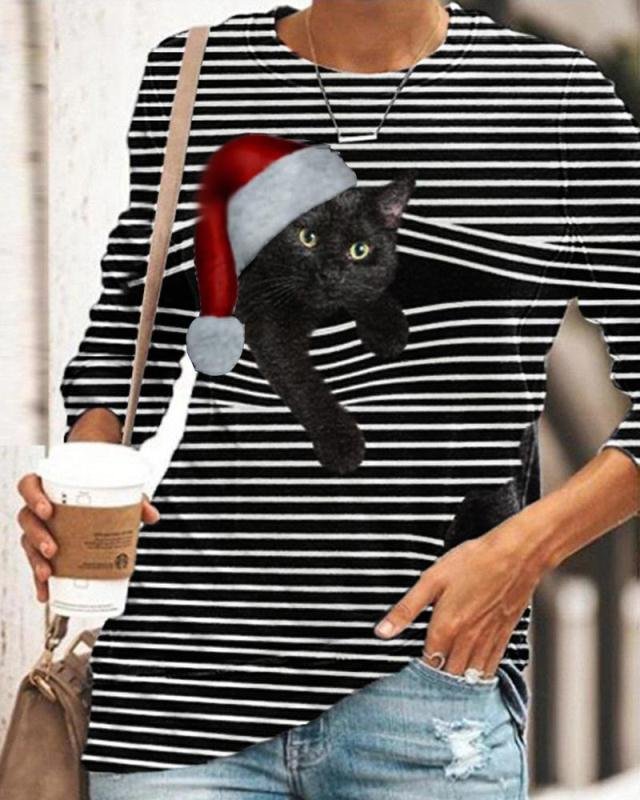 Casual Striped Christmas Cat Print T-Shirt
