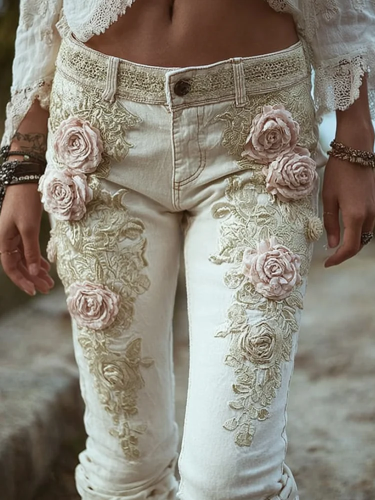 Women's Vintage Embroidered Rose Pants