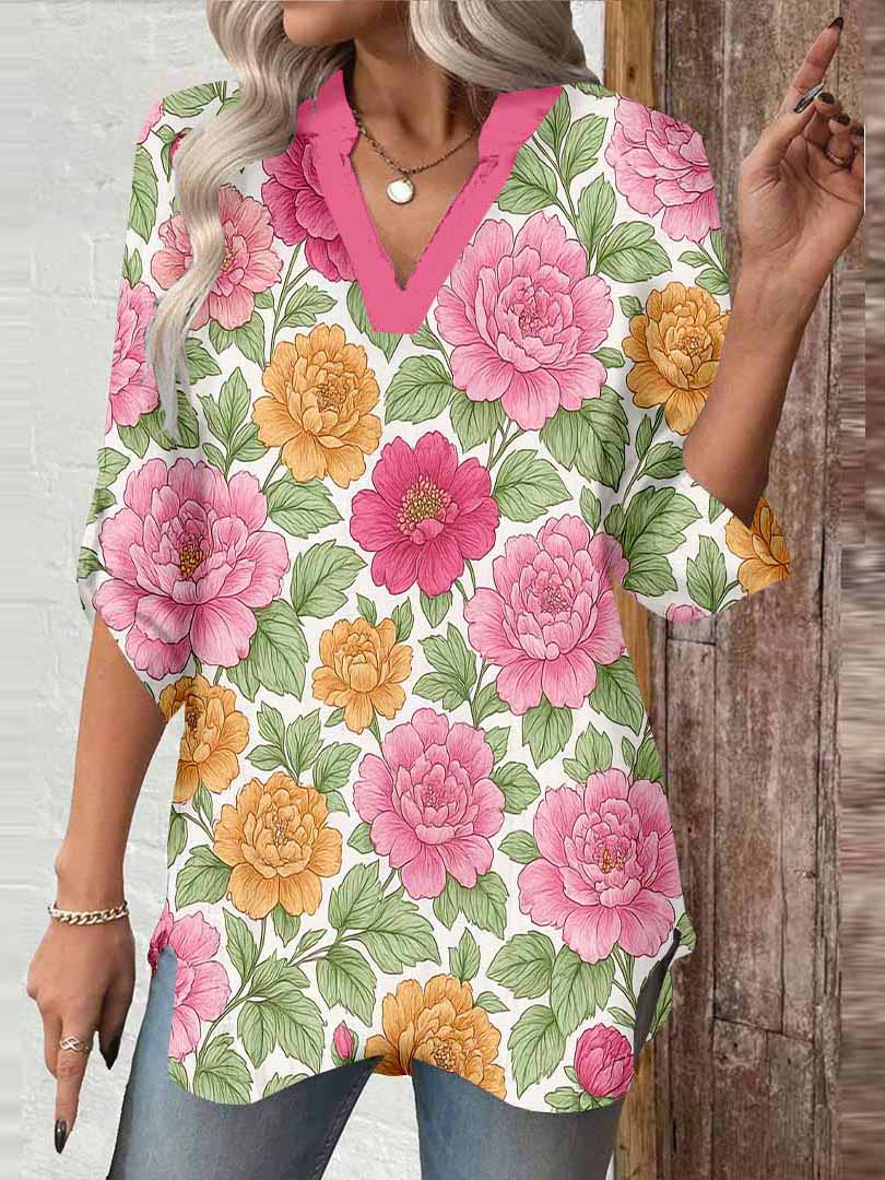 Women Floral, Green, Red DZGA0106 3/4 Sleeve V-neck Printed Graphic Button Tops