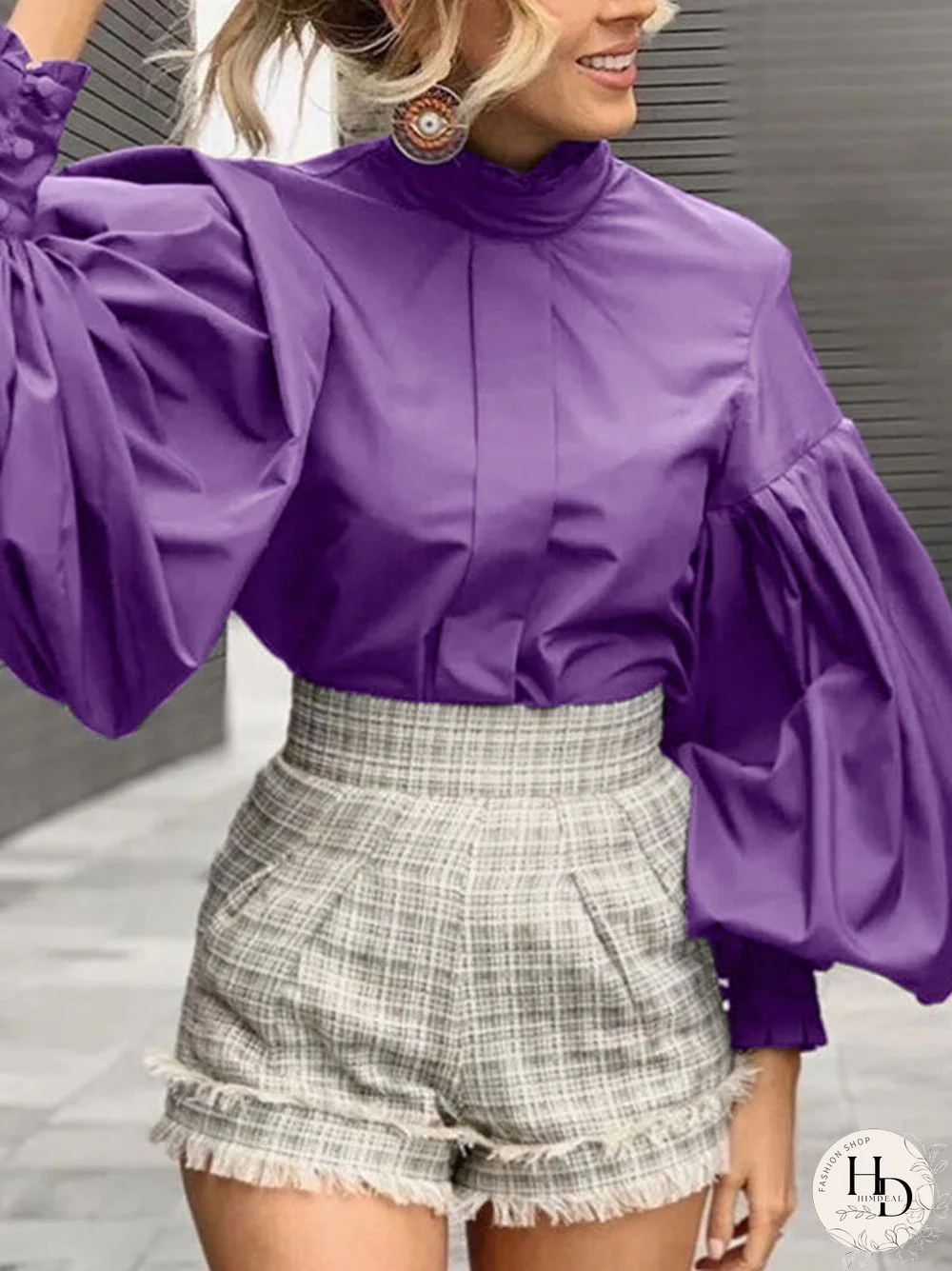 Solid Color Long Lantern Sleeve Ruffle Shirt For Women