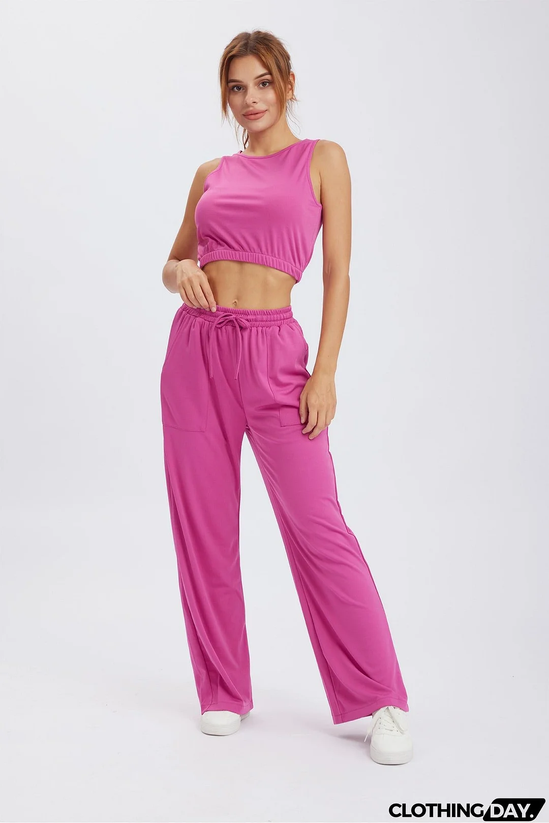 Solid Color Tank Top Drawstring High Waist Long Pants Set