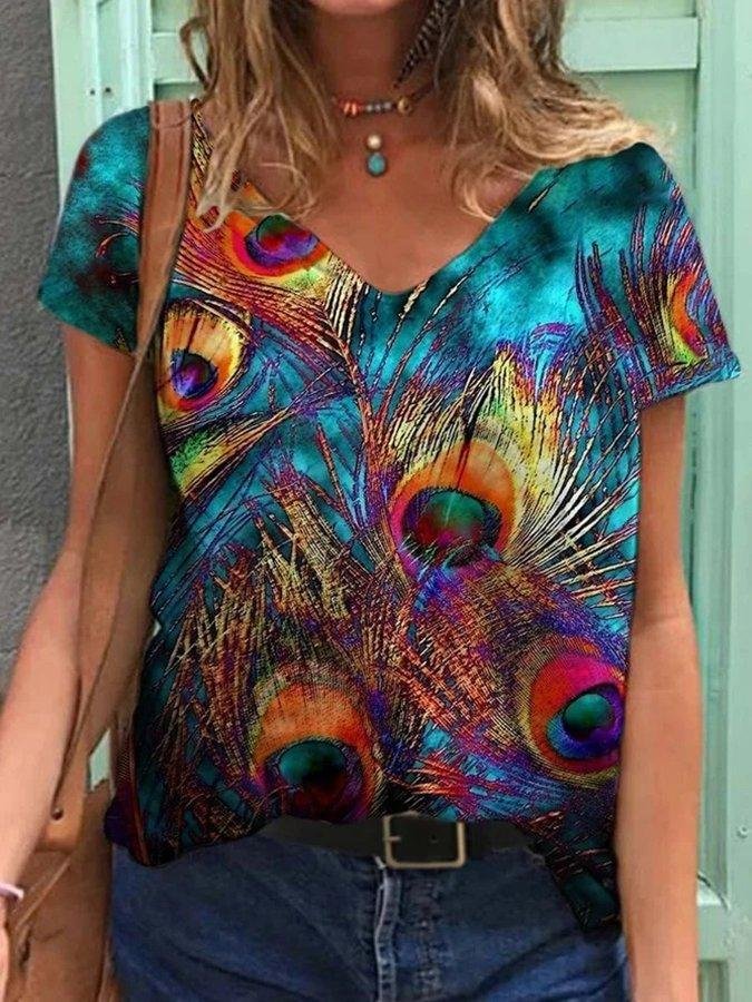 Ethnic peacock feathers v-neck graphic tees