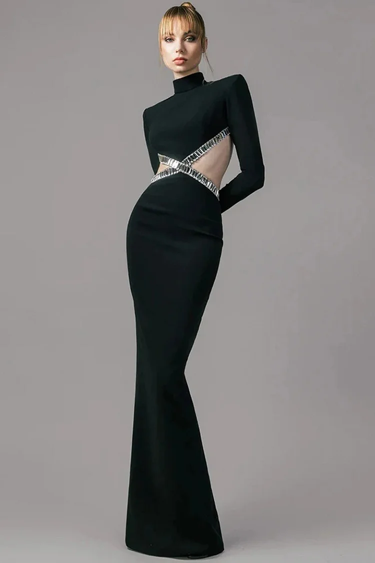 High Neck Cut Out Rhinestone Trim Maxi Dress-Black