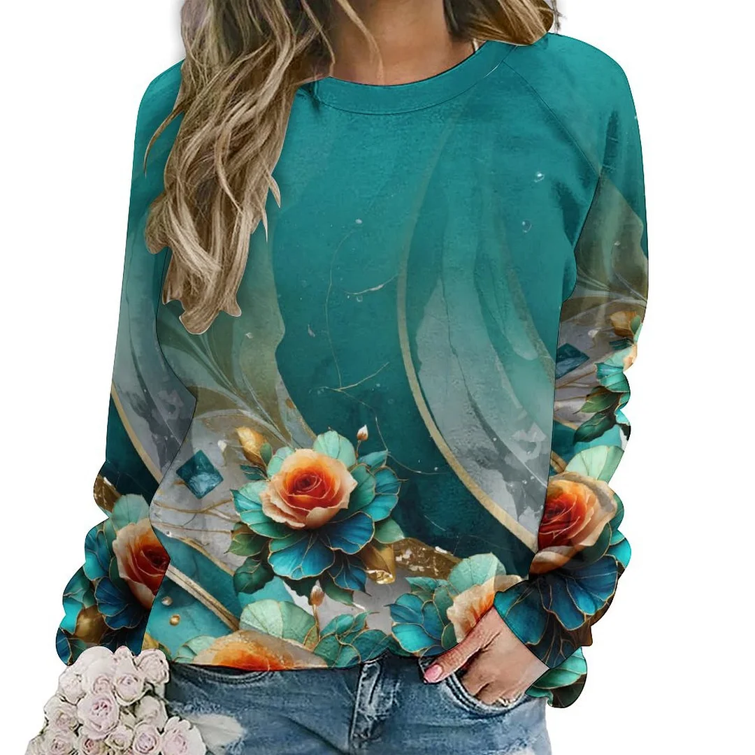 Printed Long Sleeve Casual Sweatshirt for  Women and Men Unisex Pattern Turquoise, Floral, Rose