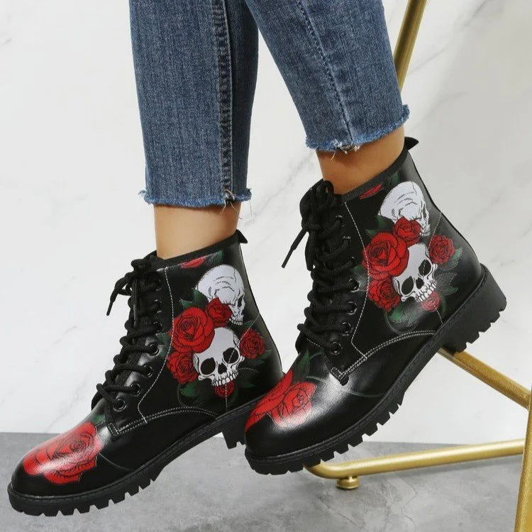 Qengg Women's Shoes Women's Winter 2021 Boots Shoes Women's Tooling Boots Skull and Flower Print High-top Boots 2022