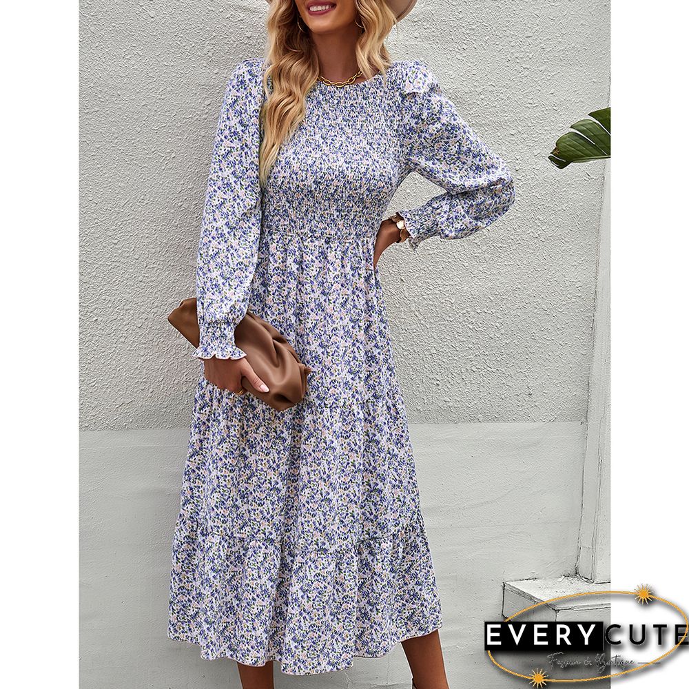 Purple Long Sleeve Pleated Midi Floral Dress