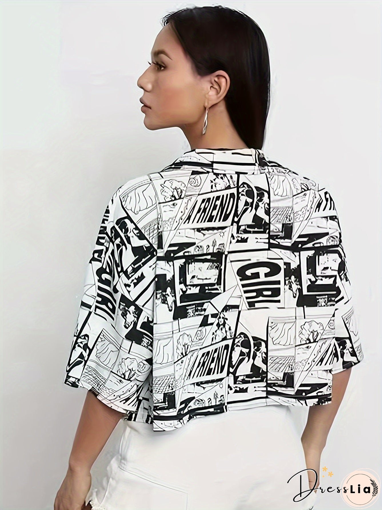 Cartoon Print Button Front Shirt, Elegant Short Sleeve Crop Shirt, Women's Clothing