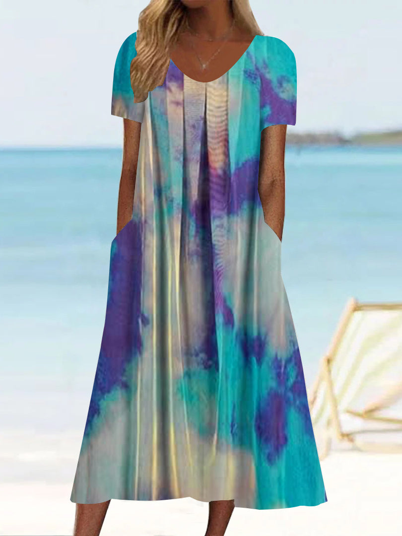 Women's Short Sleeve Scoop Neck Graphic Printed Midi Dress