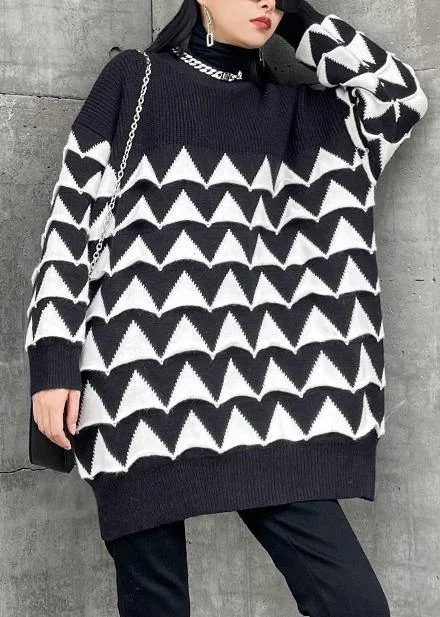 Oversized black Geometric knit top silhouette o neck plus size sweaters