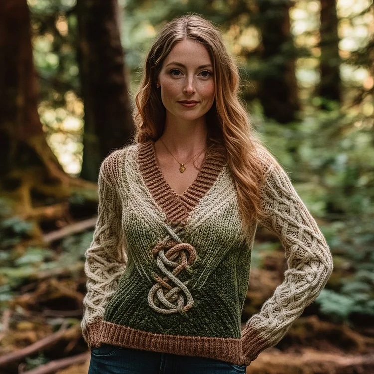 Vintage Gradient Celtic Knot V-neck Chunky Irish Aran Sweater