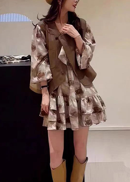 VCSHOES Coffee Button Patchwork Waistcoat And Dress Two Pieces Set Spring