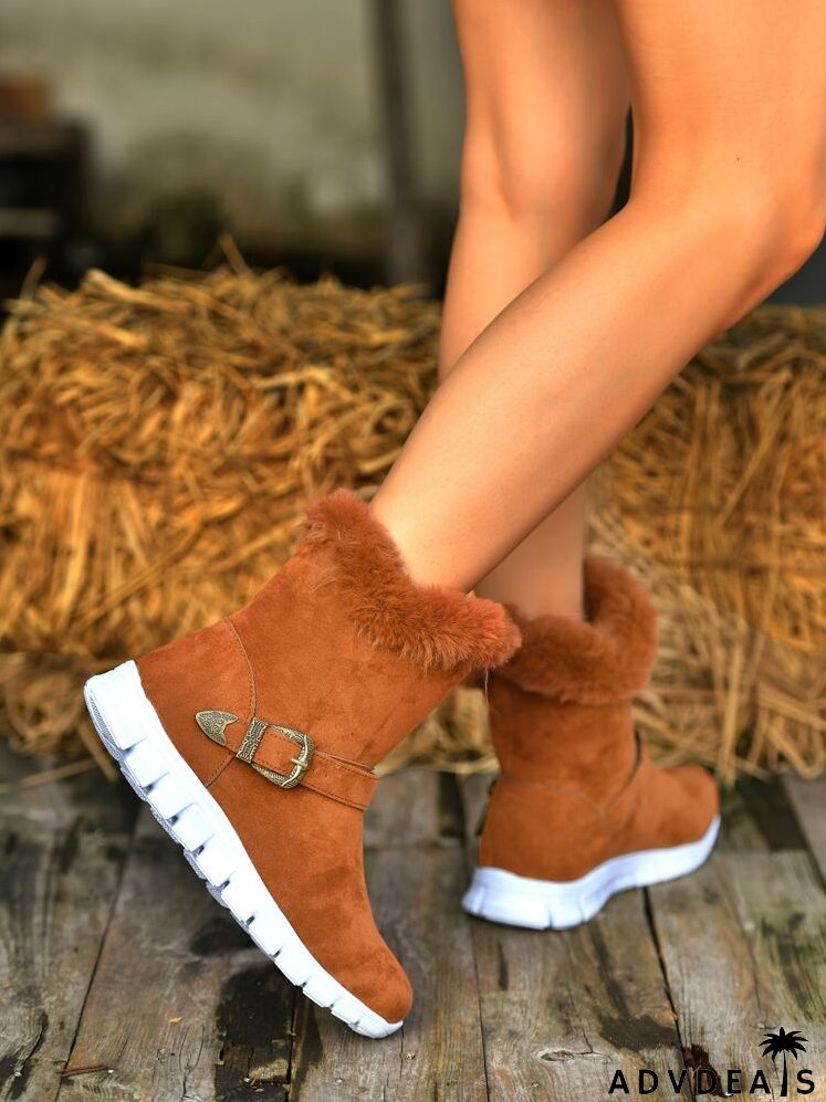 Contrast Fluffy Faux Suede Buckle Decor Snow Boots