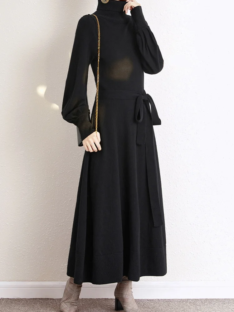 Elegant Long Sleeve Turtleneck Slim Fit A-Line Casual Solid Color Sweater Dress