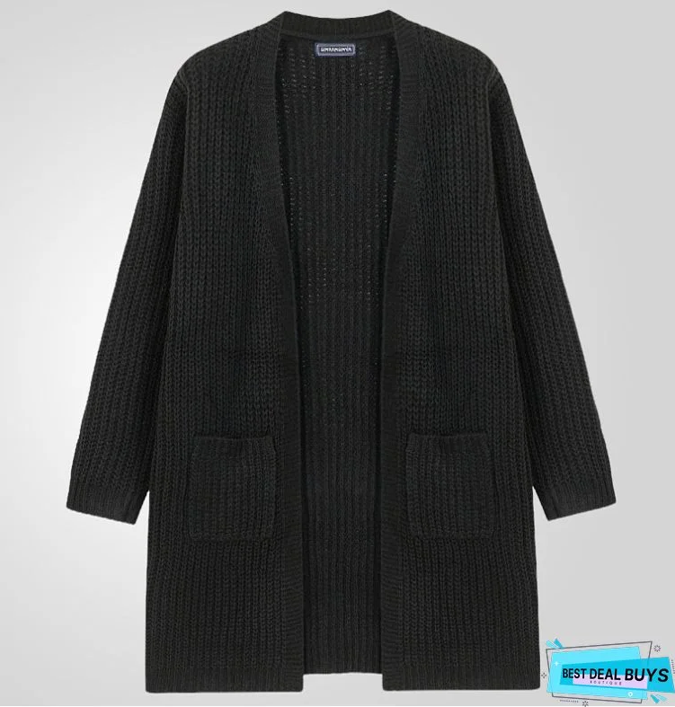 Men's Long Sleeve Cardigan with Large Size Solid Color Sweater